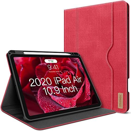 iPad Air 4th Generation Case 2020 iPad Air 10.9 Inch Case W Молив Holder ПУ Leather Folio Stand Smart Cover with Pocket Auto Sleep/Wake[Поддържа безжична зареждане](розово-червен)