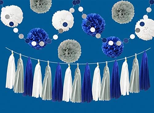 InBy 26pcs Royal Blue Gray White Baby Shower Birthday Wedding Tissue Pom Pom Party Decoration Kit - 12 10 8