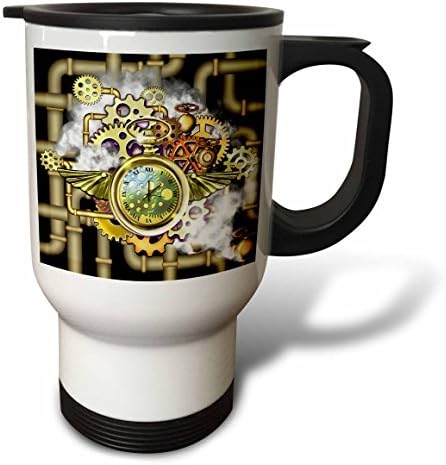 3dRose A Steampunk Time Machine with Cogs, Скорости, Pipes and Watch Travel Mug, 14 грама, Бял