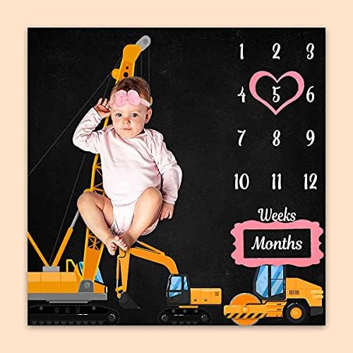 PHMOJEN Жълто Строителен Камион Baby Monthly Milestone Одеяло, Кран Механичен Магазин Багер, Новородени от 1 до 12 Месеца
