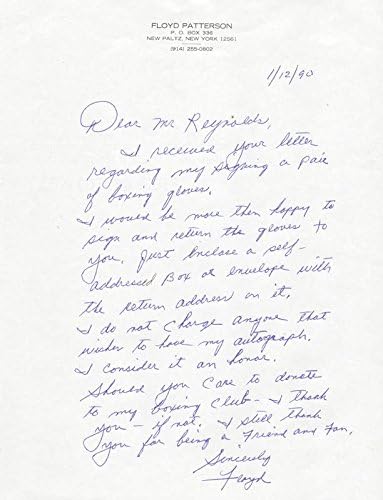 Флойд Патерсън - Писмо с автограф, Подписано 01/12/1990