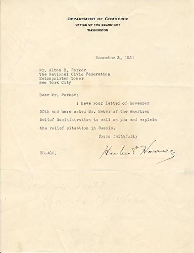 Президентът Хърбърт Хувър - Печатното писмо, подписано 12/02/1921