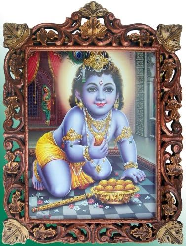 Магазин за занаяти Child Lord Бал Krishna Eating & Enjoying Laddu Poster Painting in Wood Crafts Frame