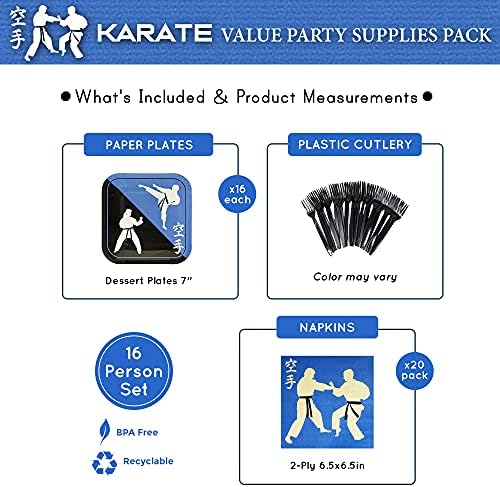 The Karate Value Party Доставки Pack (58+ парчета за 16 гости), Value Party Kit, Karate Party Plates, Karate Birthday, Салфетки, вилици (цвят може да бъде много), Посуда и прибори