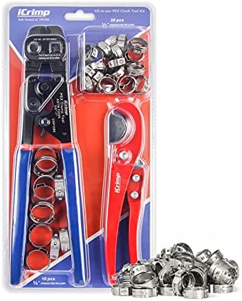 iCrimp Ratchet PEX Чинч Tool with Removing function for 3/8 to 1-inch Stainless Steel Clamps with 20PCS 1/2-inch and 60PCS