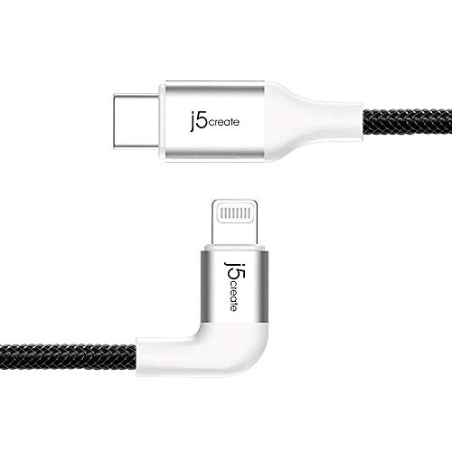 j5create C to USB кабел Lightning за iPhone 12 (бяла) - 4ft [Apple Пфи Certified] Правоъгълен включете Сплетен Кабел за