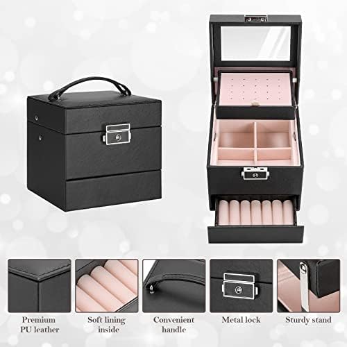 ProCase Jewelry Box for Girl Women Traveling, Ideal Gift Small 3 Layers Jewelry Organizer Display Storage Holder Case with Mirror Lock, Organizer for Earrings Rings Колиета, Гривни -Черен