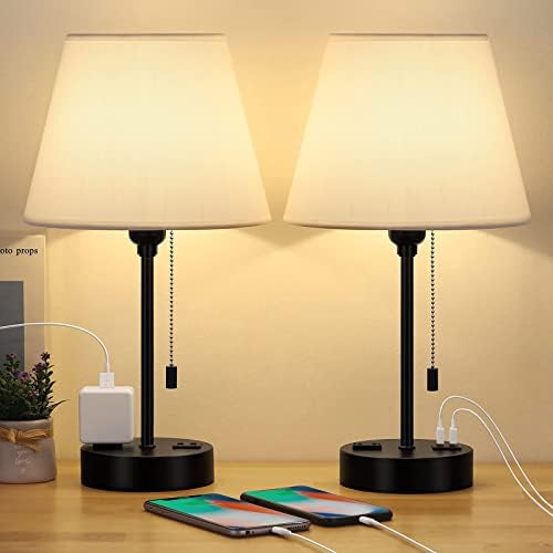 Настолни Лампи, Определени от 2, Модерна Малка Нощна Настолна Лампа с 2 USB порта и 1 Розетка ac Бяла Ленена Кърпа Лампа
