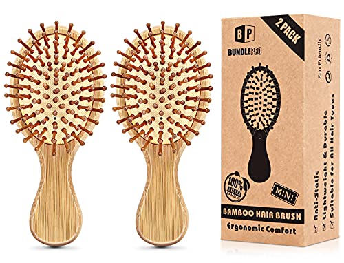 Опаковка от 2 Детски Четки за коса Mini Travel Bamboo Hair Brush with Bamboo Bristles Massages Scalp Anti-Static Hair