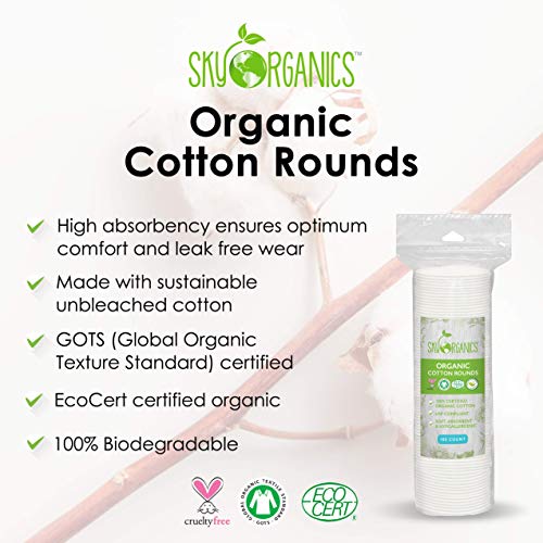 Cotton Rounds Organic by Sky Organics (300 ct. 3 x 100), Памучни дискове Без мирис и хлор, Биоразградими Ултра Абсорбиращи Памучни Дискове, Безмилостно Премахване на естествен грим и Лична