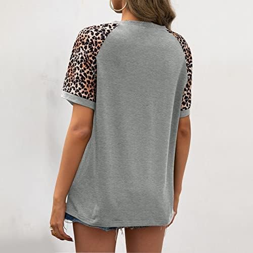 Дамски Леопардовая Raglan С Къс Ръкав Топ Класически Кръгъл Отвор Цвят на Блок Тениски, Ежедневни Удобна Туника Тениски