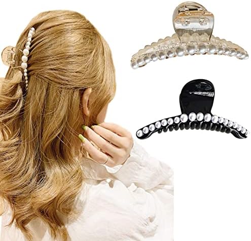 Youdert Pearl Hair Clips 2pack Hair Claw Clips Non Slip Clamps Pearl Hair Accessories for Women and Girls (Цвят : Шампанско+черен)