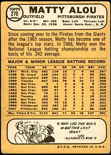 1968 Topps 270 Matty Alou Pittsburgh Pirates (Бейзболна картичка) FAIR Пирати