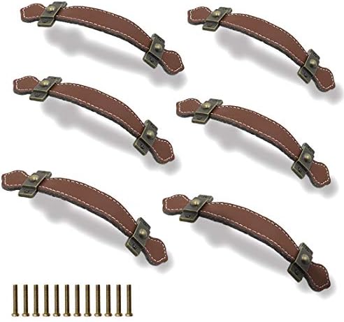 Seimneire 6pcs Surface Leather Furniture Handle, 6.3 Retro Style Leather Handle Pull Handle for Drawer/ Cabinet/ ПУ Suitcase
