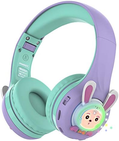 Riwbox РБ-7S Rabbit Kids Headphones Wireless, LED Light Up Bluetooth Over Ear Headset Volume Limited Safe 75dB/85dB/95dB with Mic and TF-Card, Детски Слушалки за момичета, Момчета (лилаво и зелено)