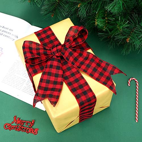 2 Ролка 2,5 Инча Ширина Коледна Панделка в Червено и Черно Каре Жичен Лента Коледна Опаковка Занаяти Лента за Подарък
