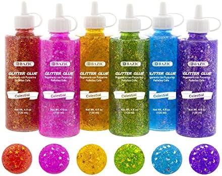 BAZIC Glitter Лепило 6 Neon Color Star & Moon Пайети, Нетоксичен Моющийся Блестящ Лепило за Слуз Боя Художествени Занаяти, Подарък за деца (4 грама/опаковане.), 6 опаковки