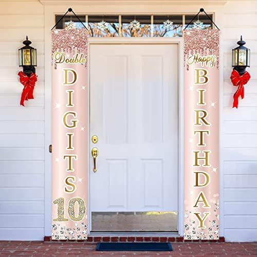Честит 10th Birthday Door Banner Decorations for Girls, Pink Rose Gold 10 Year Old Birthday Background Door Cover & Porch Sign Party Доставки, Ten Year Old Birthday Decor
