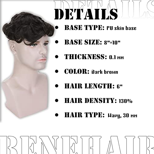 Benehair Мъжки Topper изкуствена коса Истински Човешки косъм Парчета за Мъже 130% Плътност Лепило за Замяна с Тънък PU Кожа База Меки директно на 6 инча Косата за Изтъняване н