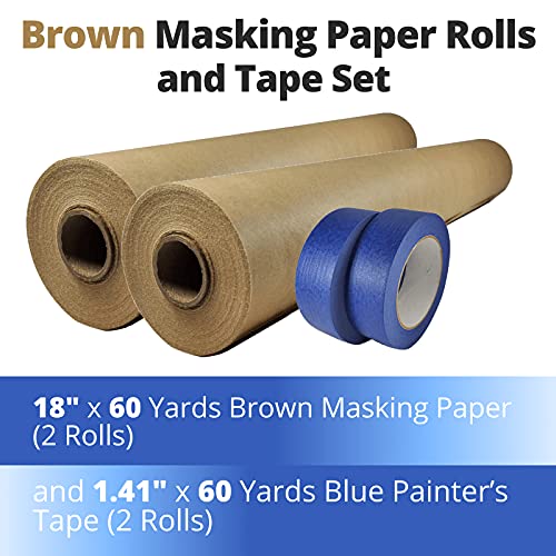 IDL Packaging Masking Paper Tape and Set – 18 x 60 ярда кафява маскирующей хартия (2 ролка) и 1,41 x 60 ярда синя малярной ленти (2 ролка) – Маскирующий комплект за боядисване и подобрения в д?