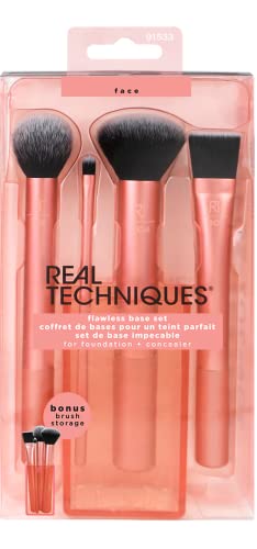Real Techniques Flawless Base Brush Set With Ultra Plush Custom Cut Synthetic Bristles and Extended Aluminum Ferrules