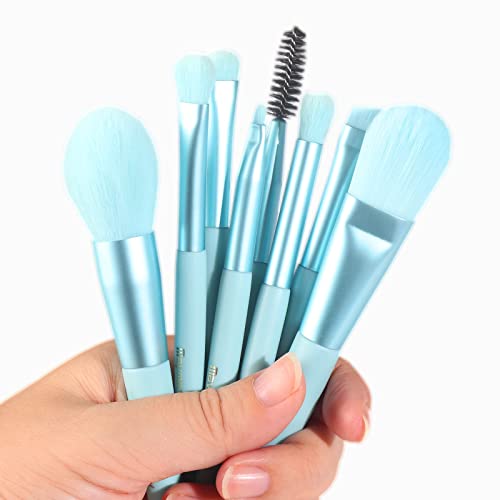 Maymerry 8pcs Essential Makeup Brushes, Makeup Brush kit, Makeup Brush Set Face brushes for Foundation, Blush, Eye Brushes for Blending, Shadow, Eyelashes, Lip and Brow, Mini Makeup Brushes for Easy Carrying, Light Blue
