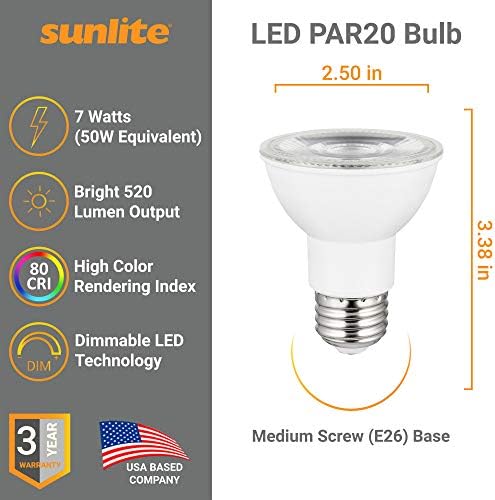 Sunlite 41027-СУ LED PAR20 Рефлекс лампа 7 W (еквивалент на 50 W), 520 лумена, Средна база E26, Затемняемая, Прожектор, Сертифициран Energy Star, 6 броя (опаковка от 1), 40K-Студено бяло