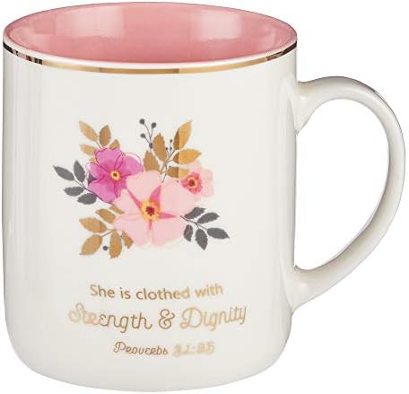 Християнски промоционални подаръци за жени - Розово кафеена чаша със златни метални акценти и стих от Писанията, Силата