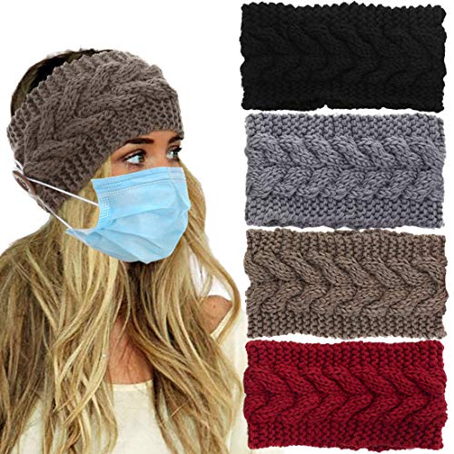 VEEJION Women Knitted Knotted Winter Twist Warm Headband with Buttons for Face Mask Cover Cold Weather Hair Accessories Head and Wrap Christmas Gifts(4 бр.)