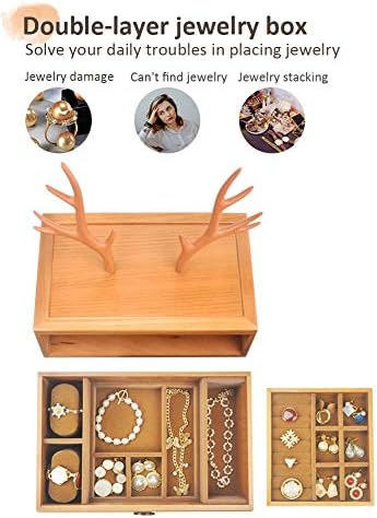 vvhu Wood Jewelry Organizer Box 2 Layer with Antler-Shaped Jewelry Tree Stand Table Top Огърлица, Обеци, Пръстен, Часовник Гривна Притежателя, Златар Колекция Кутия, Подарък за жени, момичета (един кутия, ?