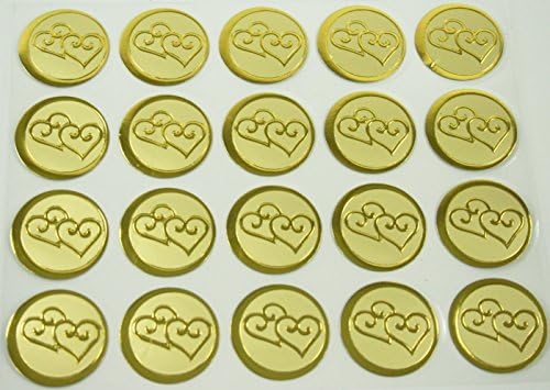 Dreampartycreation 100 Double Hearts Print Wedding Round Envelope Seal Stickers Диаметър 1 инч (злато)