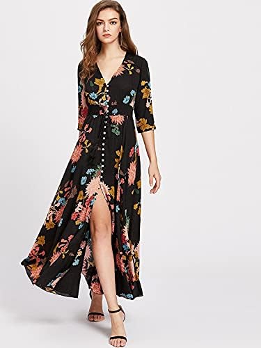 Milumia Women ' s Button Up Split Floral Print Flowy Party Maxi Dress