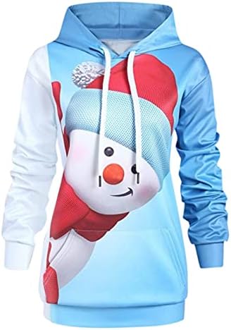 Дамски Плюс Размера на Коледни Ежедневни Блузи С дълъг ръкав Снежен човек Печат Hoody Лек Шнур Джоба Дамски Блузи