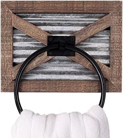 Autumn Alley Rustic Barn Door Bathroom Towel Ring - Стенен Държач за кърпи за ръце Фермерска къща - съчетание на дърво и галванизиран метал и Черен Пръстен за Провинциален Чар – Лесно да с