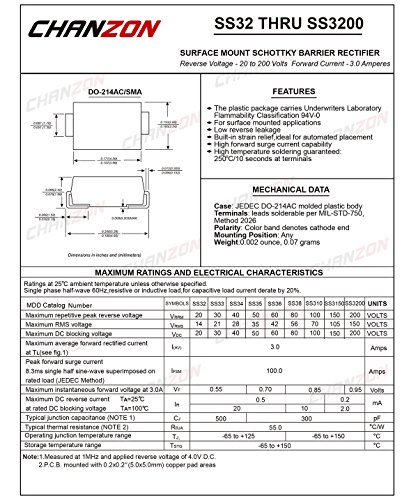 (Опаковка от 100 броя) Chanzon SS36 SMD Schottky Бариерен Rectifier Diodes 3A 60V SMA (DO-214AC) 3 Amp 60 Volt