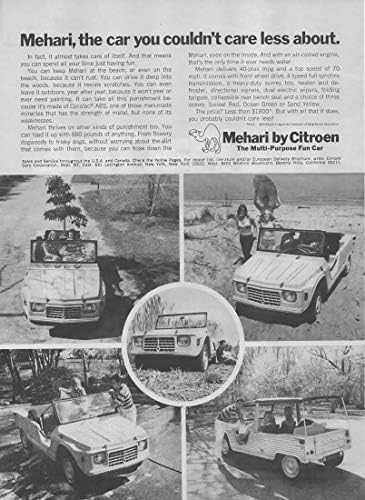 Реклама в списанието: универсален забавен автомобил Citroen Mehari 1969 г. съобщение, за автомобил, за който ще се пука.
