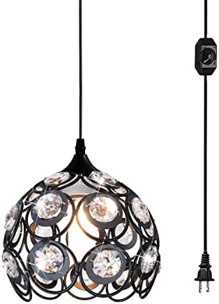 Plug in Crystal Pendant Light Black Metal Mini Chandelier Light with 13.12 ft Cord and On/Off Switch, Vintage Hanging