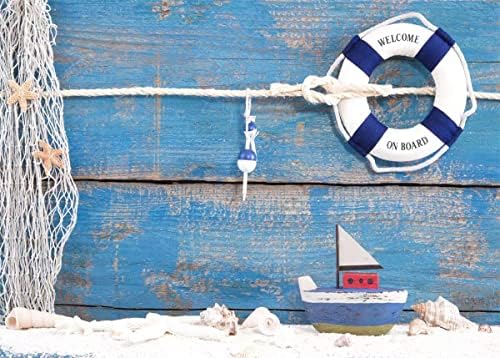 BELECO 7x5ft Текстилен на Фона на Морската Спасителна Шамандура и Играчка Лодка с Черупки Син Дървена Фона на Phtography