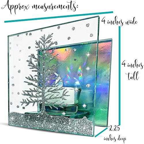 BANBERRY DESIGNS Коледно дърво, Свещник - Огледално Стъкло със Сребърен Блестяща Коледна елха - Включва 1 бял led Чай
