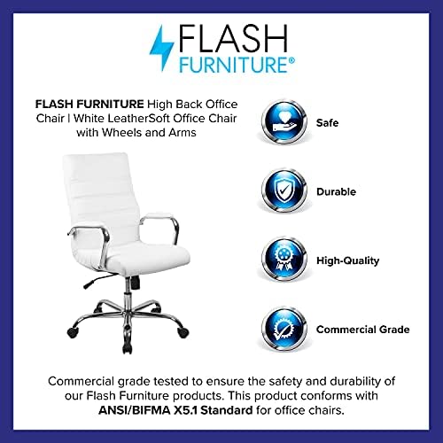 Flash Furniture High Back Desk Chair - Бяло LeatherSoft Executive Въртящи се Офис Стол с Хромирана рамка - Отточна тръба