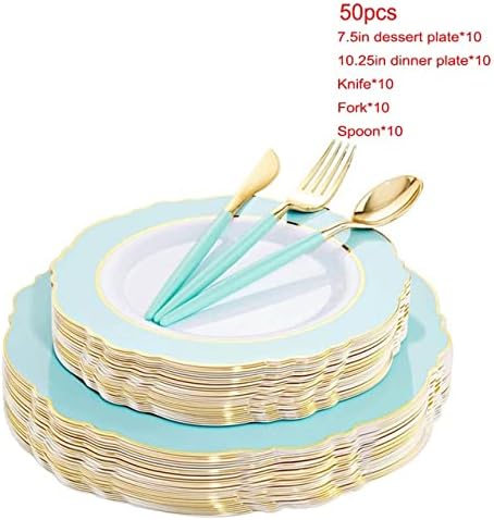 YCZDG 50 бр Прибори Пластмасова чиния със Златен ръб е Подходящ за луксозни сватба на Деня на майката Вечерни аксесоари (Цвят : A, размер : както е показано)