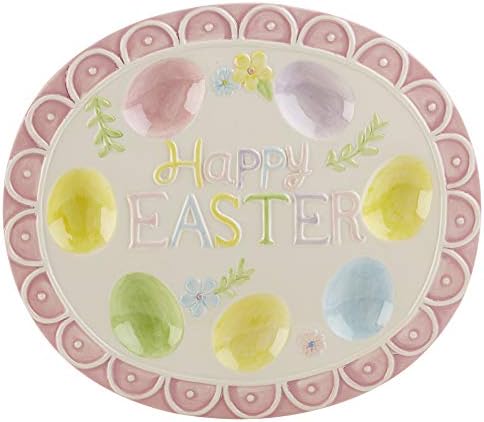 Delton Products 1115-6 Happy Easter Pastel Flower Design 10.6 X 12 Inch Ceramic Deviled Egg Serving Platter Dish, Multicolor