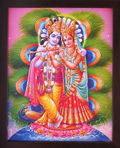Магазин за занаяти Господ Радха Кришна Свири на флейта с павлиньим перо, Декоративен религиозен плакат с рамка