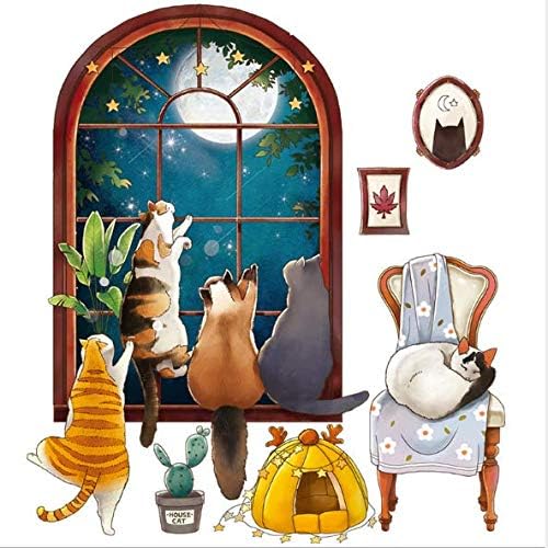 CHengQiSM Сладък Котки на Прозореца през Нощта Стикери за Стени, Подвижни Сладък Животни Стикери за Стена Котка Изглежда на Луната за Спални Хол ТЕЛЕВИЗИЯ Стени, Врати ?
