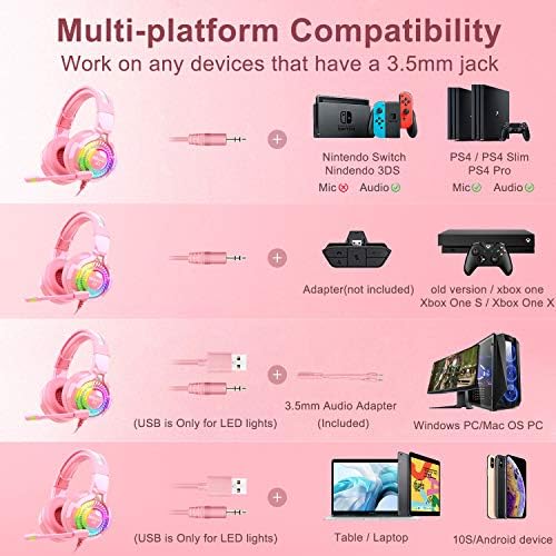 Nivava Pink Gaming Headset for PS4, PS5, Xbox one headset with Noiseing Cancelling Микрофон, Over-Ear PC Headphone with Bass Stereo Sound, RGB Light Soft Антифони for Nintendo Switch, Tablet, Laptop