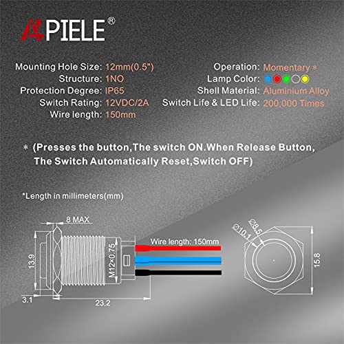 APIELE 12mm Momentary Push Button Switch Pre-Wired 150mm High Round Head Aluminium Alloy 1NO 1 Normally Open with Ring