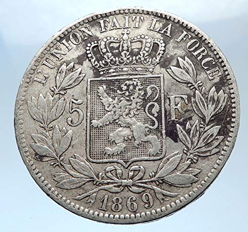 1869 BE 1869 БЕЛГИЯ с крал ЛЕОПОЛЬДОМ II и ЛЪВ Старинна монета Добра Несертифицированная