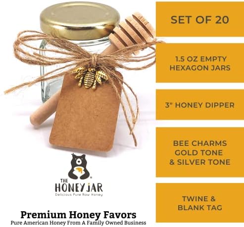 1.5 oz Hexagon Бурканчета - САМ Honey Favor Бурканчета with 3 honey черпак, gold капаци, silver and gold bee charms, jute