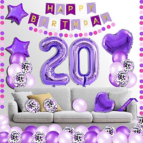 Pertlife 20TH Birthday Party Decorations Pack - Confetti Latex Balloons 18inch Сърце Star Foil Balloons Purple Foil Curtains