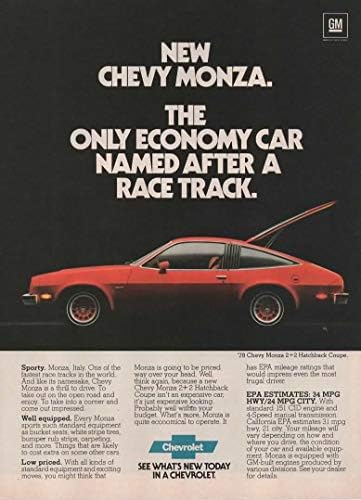 Комплект от 2 оригинални списания, печатни реклами: 1978 Chevrolet Monza 2+2 Hatchback Coupe,Единственият икономичен автомобил, наречен в чест на пистата.